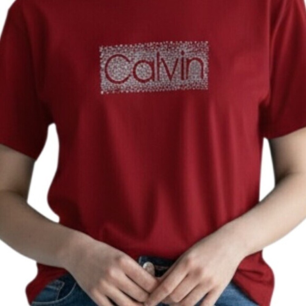 Calvin Klein T-Shirt Womens XL Burgundy Rhinestone Logo Crew Neck Short